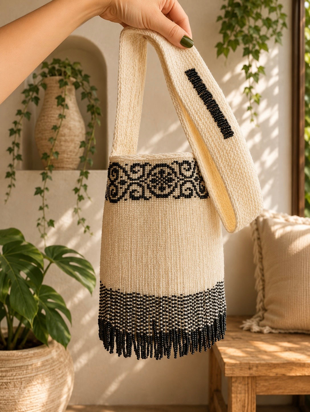 Mochila KANKUAMA artesanal tejido a mano con flecos | Colección Ancestral