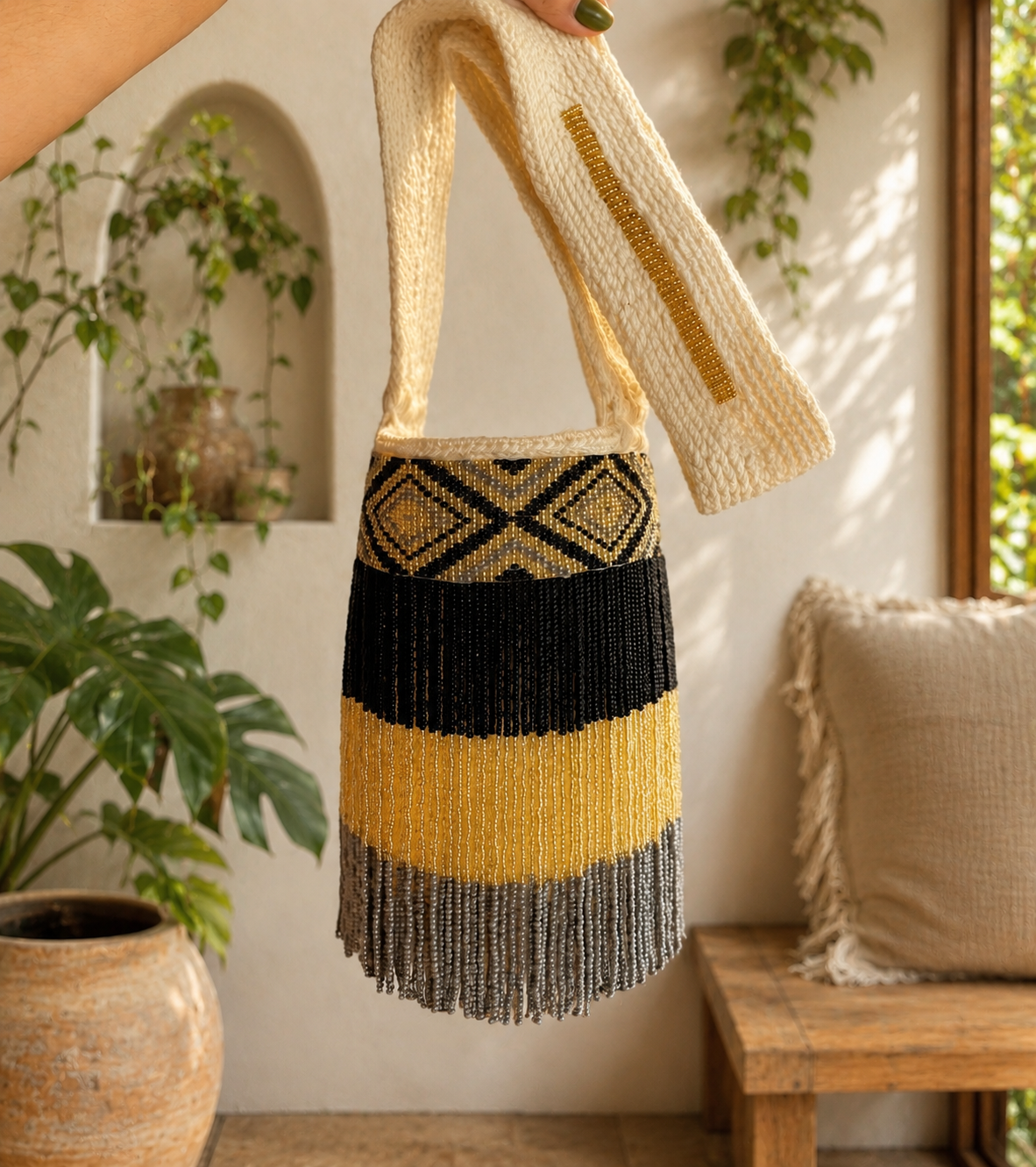 Mochila KANKUAMA artesanal tejido a mano con flecos | Colección Ancestral